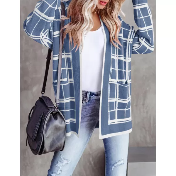imageZESICA Womens 2023 Fall Long Sleeve Striped Color Block Open Front Draped Loose Knit Lightweight Cardigan Sweater CoatDustyblue