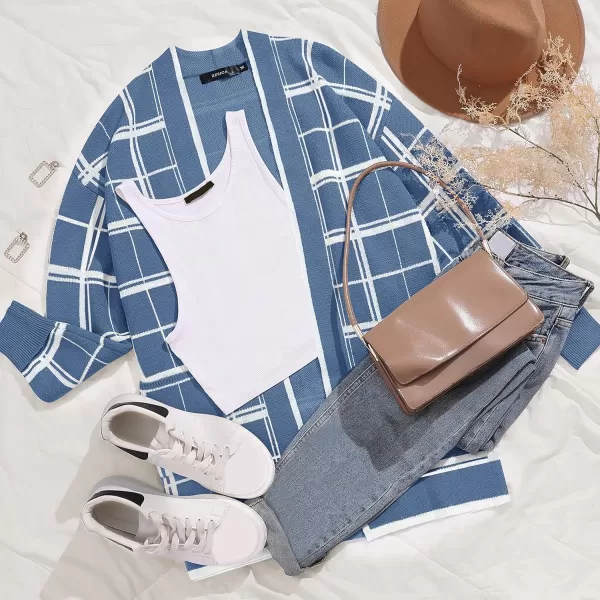 imageZESICA Womens 2023 Fall Long Sleeve Striped Color Block Open Front Draped Loose Knit Lightweight Cardigan Sweater CoatDustyblue