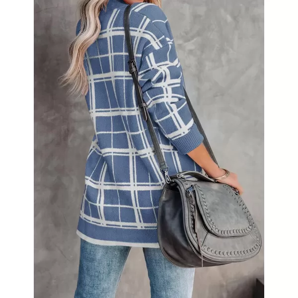 imageZESICA Womens 2023 Fall Long Sleeve Striped Color Block Open Front Draped Loose Knit Lightweight Cardigan Sweater CoatDustyblue