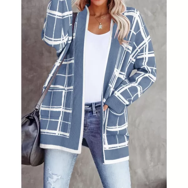 imageZESICA Womens 2023 Fall Long Sleeve Striped Color Block Open Front Draped Loose Knit Lightweight Cardigan Sweater CoatDustyblue