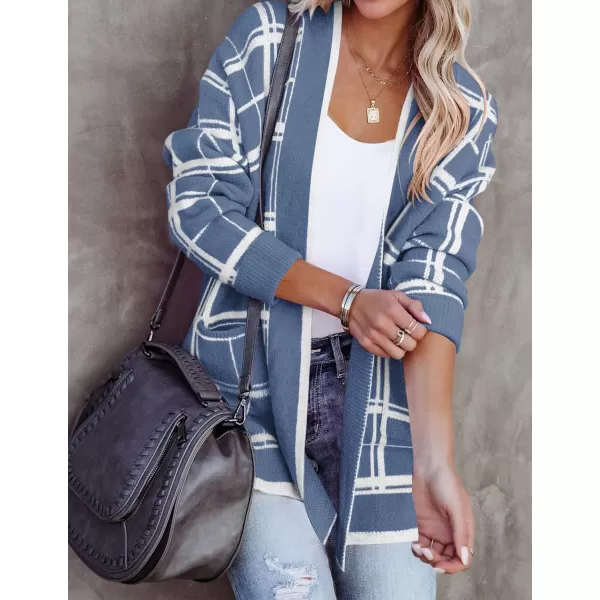 imageZESICA Womens 2023 Fall Long Sleeve Striped Color Block Open Front Draped Loose Knit Lightweight Cardigan Sweater CoatDustyblue