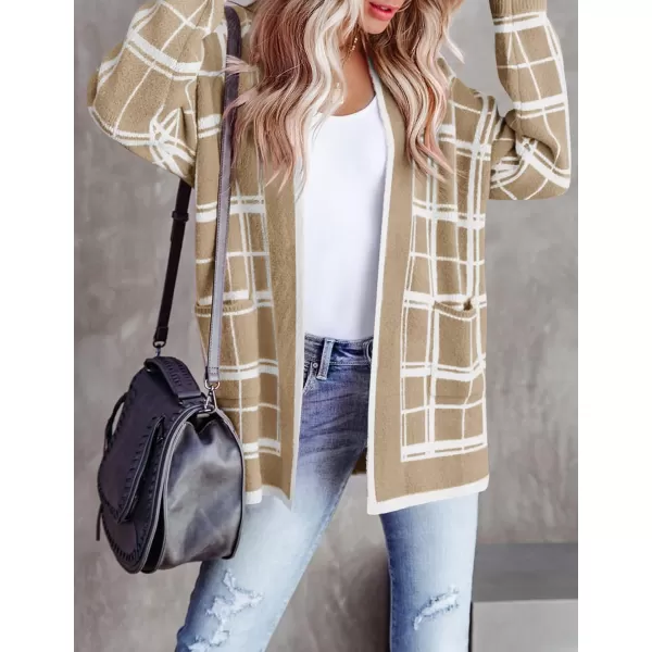 imageZESICA Womens 2023 Fall Long Sleeve Striped Color Block Open Front Draped Loose Knit Lightweight Cardigan Sweater CoatLightkhaki