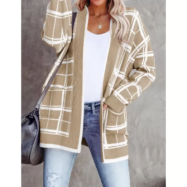 imageZESICA Womens 2023 Fall Long Sleeve Striped Color Block Open Front Draped Loose Knit Lightweight Cardigan Sweater CoatLightkhaki