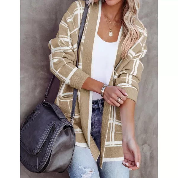 imageZESICA Womens 2023 Fall Long Sleeve Striped Color Block Open Front Draped Loose Knit Lightweight Cardigan Sweater CoatLightkhaki