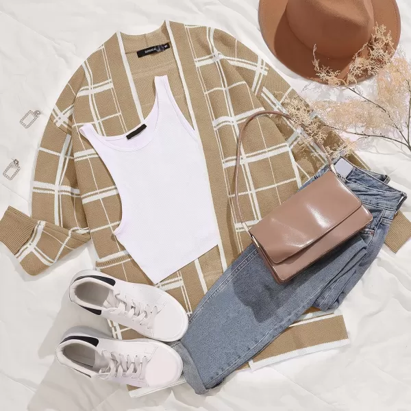 imageZESICA Womens 2023 Fall Long Sleeve Striped Color Block Open Front Draped Loose Knit Lightweight Cardigan Sweater CoatLightkhaki