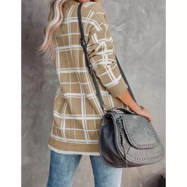 imageZESICA Womens 2023 Fall Long Sleeve Striped Color Block Open Front Draped Loose Knit Lightweight Cardigan Sweater CoatLightkhaki