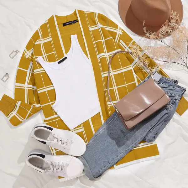 imageZESICA Womens 2023 Fall Long Sleeve Striped Color Block Open Front Draped Loose Knit Lightweight Cardigan Sweater CoatMustard