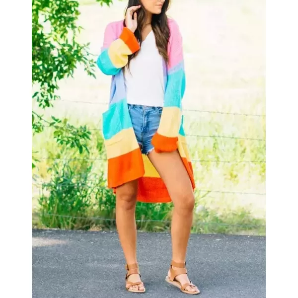 imageZESICA Womens 2023 Fall Long Sleeve Striped Color Block Open Front Draped Loose Knit Lightweight Cardigan Sweater CoatOrange