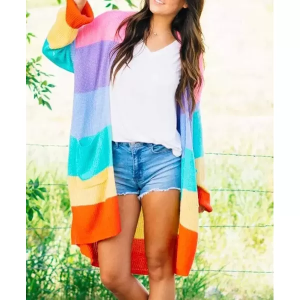 imageZESICA Womens 2023 Fall Long Sleeve Striped Color Block Open Front Draped Loose Knit Lightweight Cardigan Sweater CoatOrange