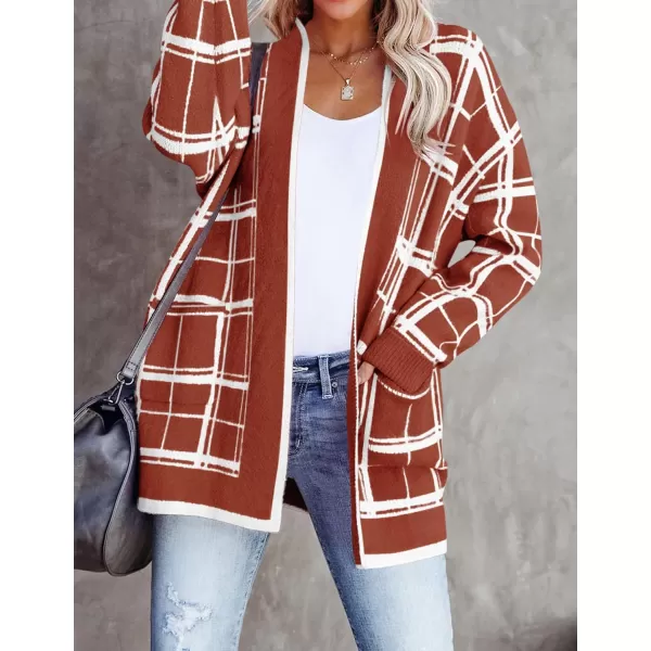 imageZESICA Womens 2023 Fall Long Sleeve Striped Color Block Open Front Draped Loose Knit Lightweight Cardigan Sweater CoatRust