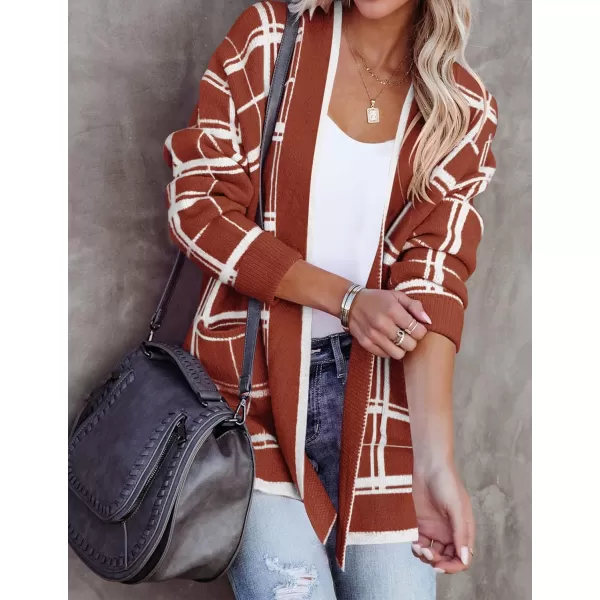 imageZESICA Womens 2023 Fall Long Sleeve Striped Color Block Open Front Draped Loose Knit Lightweight Cardigan Sweater CoatRust