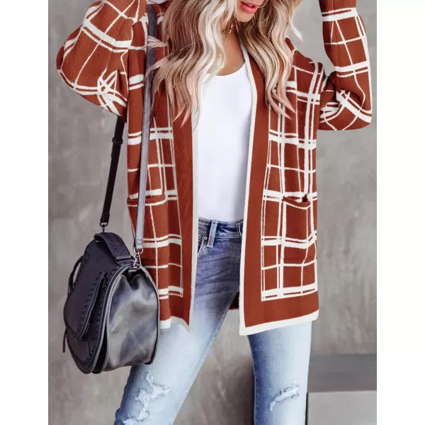 imageZESICA Womens 2023 Fall Long Sleeve Striped Color Block Open Front Draped Loose Knit Lightweight Cardigan Sweater CoatRust