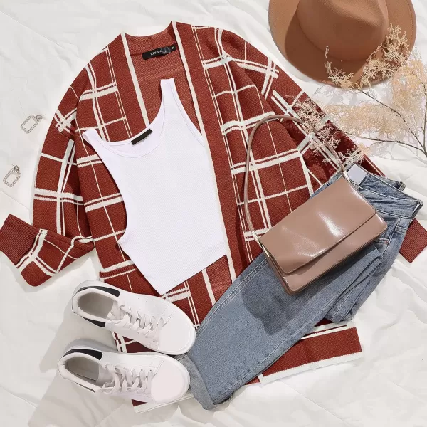 imageZESICA Womens 2023 Fall Long Sleeve Striped Color Block Open Front Draped Loose Knit Lightweight Cardigan Sweater CoatRust