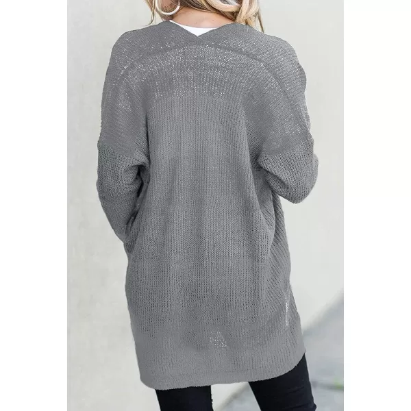 imageZESICA Womens 2023 Fall Long Sleeve Striped Color Block Open Front Draped Loose Knit Lightweight Cardigan Sweater CoatSolid Grey