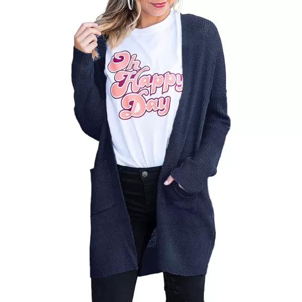 imageZESICA Womens 2023 Fall Long Sleeve Striped Color Block Open Front Draped Loose Knit Lightweight Cardigan Sweater CoatSolid Navy