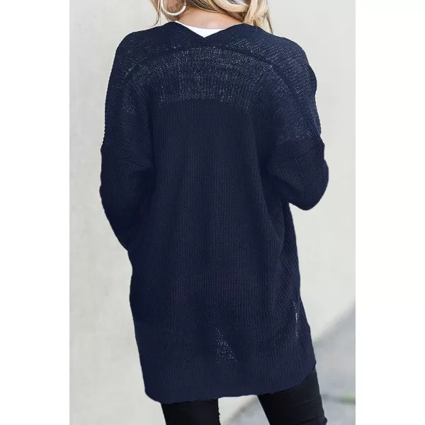 imageZESICA Womens 2023 Fall Long Sleeve Striped Color Block Open Front Draped Loose Knit Lightweight Cardigan Sweater CoatSolid Navy