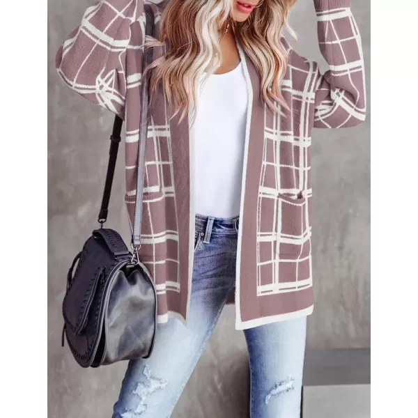 imageZESICA Womens 2023 Fall Long Sleeve Striped Color Block Open Front Draped Loose Knit Lightweight Cardigan Sweater CoatTaro