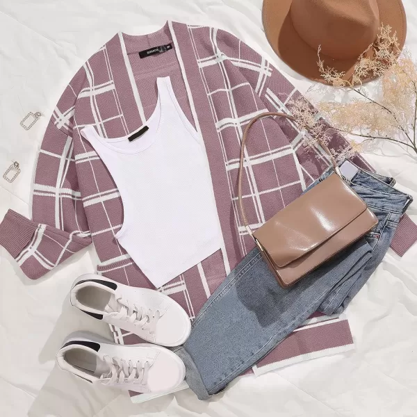 imageZESICA Womens 2023 Fall Long Sleeve Striped Color Block Open Front Draped Loose Knit Lightweight Cardigan Sweater CoatTaro