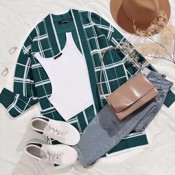 imageZESICA Womens 2023 Fall Long Sleeve Striped Color Block Open Front Draped Loose Knit Lightweight Cardigan Sweater CoatTeal