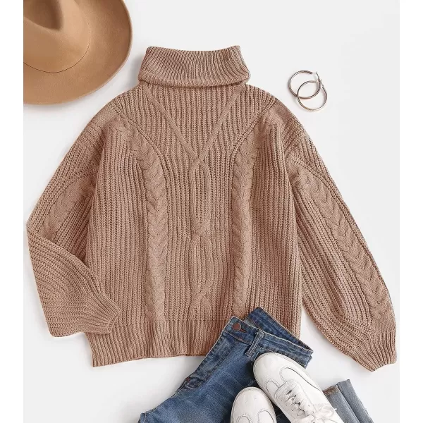 imageZESICA Womens 2023 Fall Long Sleeve Turtleneck Chunky Knit Loose Oversized Sweater Pullover Jumper TopsBrown