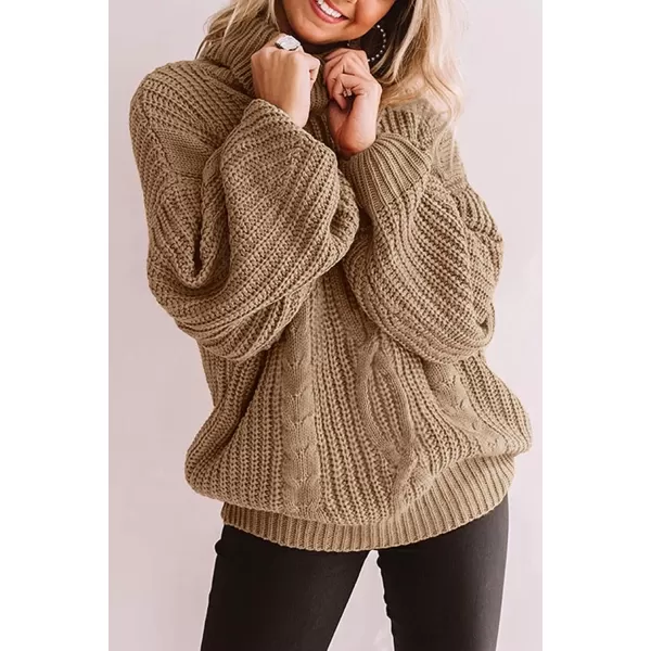 imageZESICA Womens 2023 Fall Long Sleeve Turtleneck Chunky Knit Loose Oversized Sweater Pullover Jumper TopsKhaki