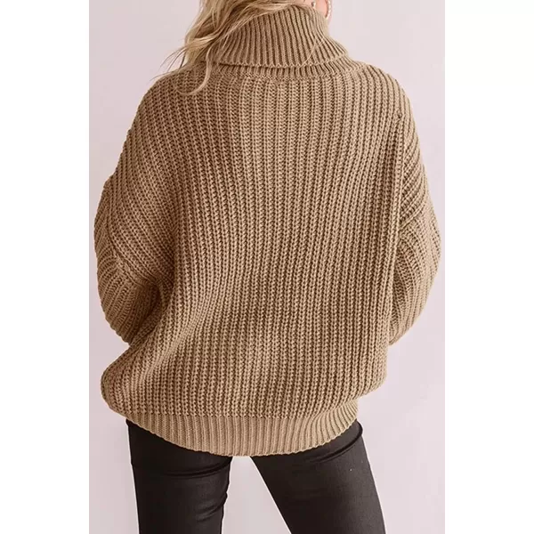 imageZESICA Womens 2023 Fall Long Sleeve Turtleneck Chunky Knit Loose Oversized Sweater Pullover Jumper TopsKhaki