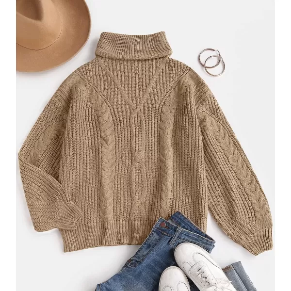 imageZESICA Womens 2023 Fall Long Sleeve Turtleneck Chunky Knit Loose Oversized Sweater Pullover Jumper TopsKhaki