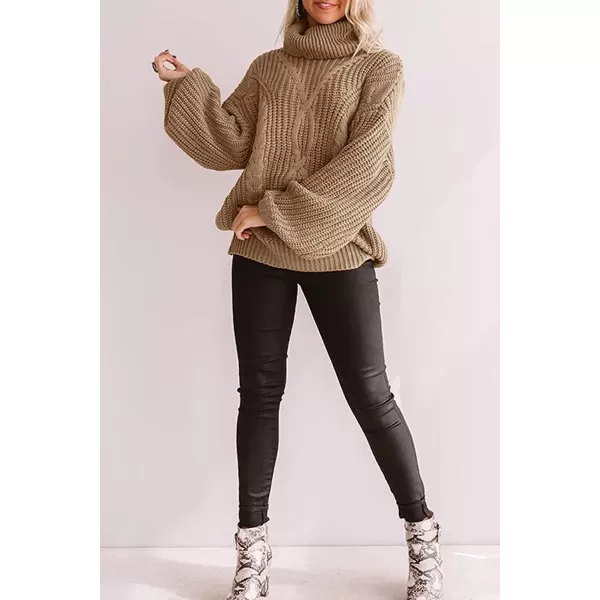 imageZESICA Womens 2023 Fall Long Sleeve Turtleneck Chunky Knit Loose Oversized Sweater Pullover Jumper TopsKhaki