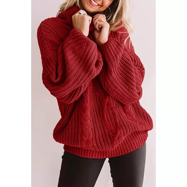 imageZESICA Womens 2023 Fall Long Sleeve Turtleneck Chunky Knit Loose Oversized Sweater Pullover Jumper TopsRed