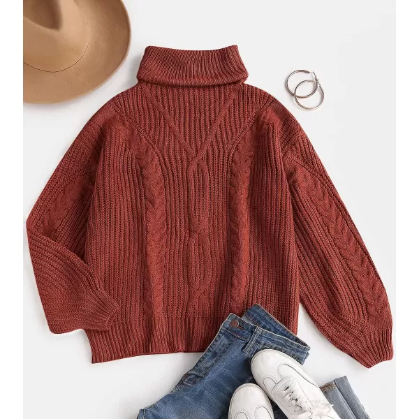 imageZESICA Womens 2023 Fall Long Sleeve Turtleneck Chunky Knit Loose Oversized Sweater Pullover Jumper TopsRust