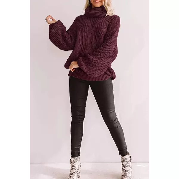 imageZESICA Womens 2023 Fall Long Sleeve Turtleneck Chunky Knit Loose Oversized Sweater Pullover Jumper TopsWine