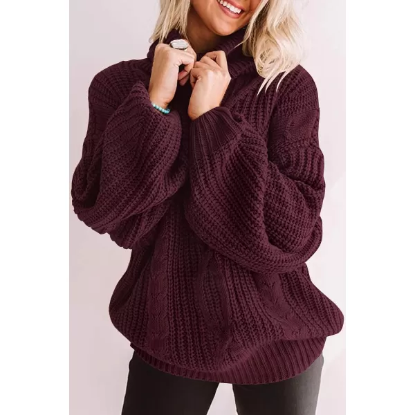 imageZESICA Womens 2023 Fall Long Sleeve Turtleneck Chunky Knit Loose Oversized Sweater Pullover Jumper TopsWine