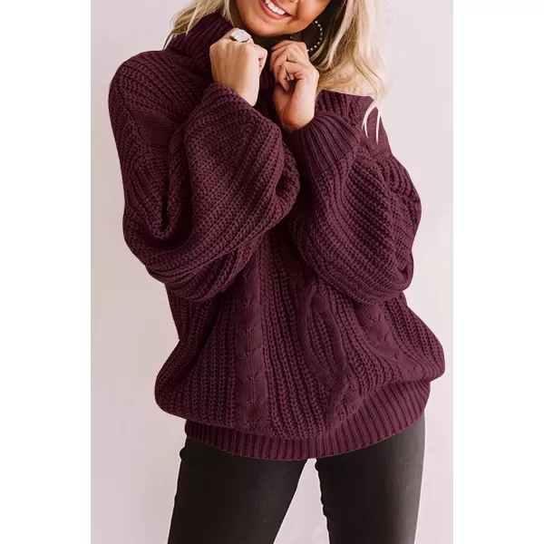 imageZESICA Womens 2023 Fall Long Sleeve Turtleneck Chunky Knit Loose Oversized Sweater Pullover Jumper TopsWine