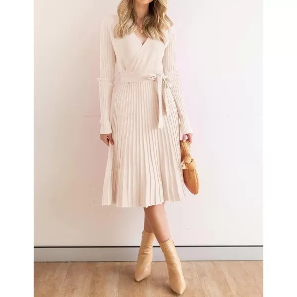 imageZESICA Womens 2023 Fall Long Sleeve Wrap V Neck Ribbed Knit Pleated A Line Pullover Sweater Dress with BeltApricot