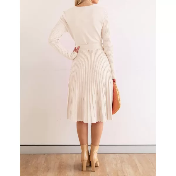 imageZESICA Womens 2023 Fall Long Sleeve Wrap V Neck Ribbed Knit Pleated A Line Pullover Sweater Dress with BeltApricot