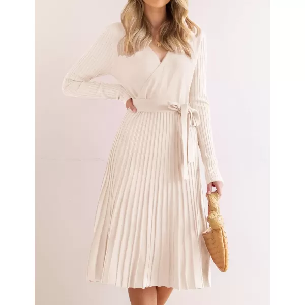 imageZESICA Womens 2023 Fall Long Sleeve Wrap V Neck Ribbed Knit Pleated A Line Pullover Sweater Dress with BeltApricot