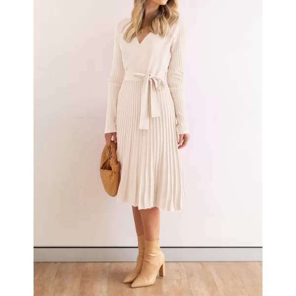 imageZESICA Womens 2023 Fall Long Sleeve Wrap V Neck Ribbed Knit Pleated A Line Pullover Sweater Dress with BeltApricot