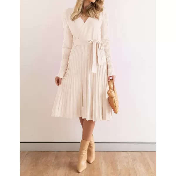 imageZESICA Womens 2023 Fall Long Sleeve Wrap V Neck Ribbed Knit Pleated A Line Pullover Sweater Dress with BeltApricot