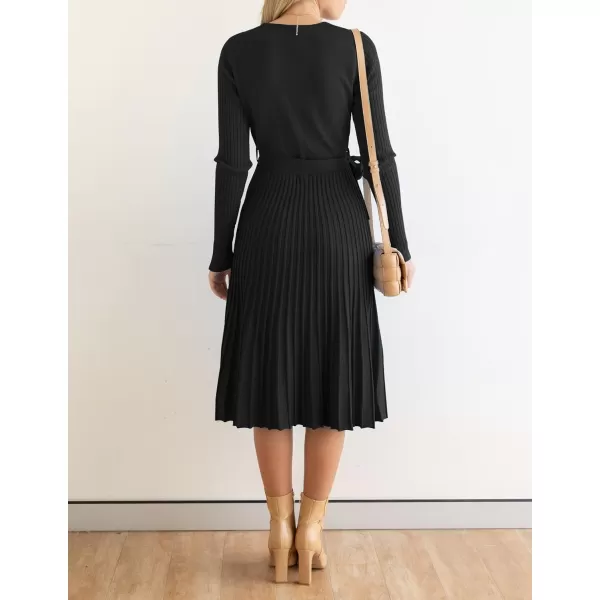 imageZESICA Womens 2023 Fall Long Sleeve Wrap V Neck Ribbed Knit Pleated A Line Pullover Sweater Dress with BeltBlack