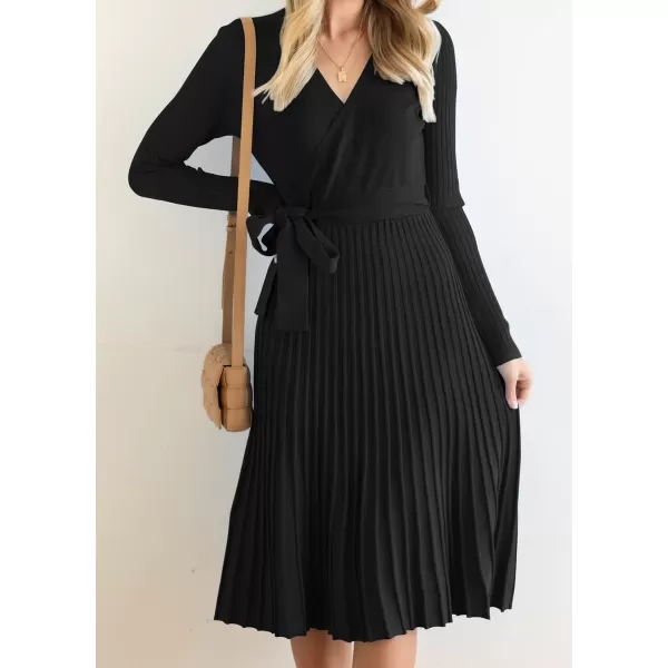 imageZESICA Womens 2023 Fall Long Sleeve Wrap V Neck Ribbed Knit Pleated A Line Pullover Sweater Dress with BeltBlack