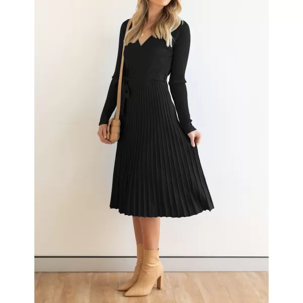 imageZESICA Womens 2023 Fall Long Sleeve Wrap V Neck Ribbed Knit Pleated A Line Pullover Sweater Dress with BeltBlack