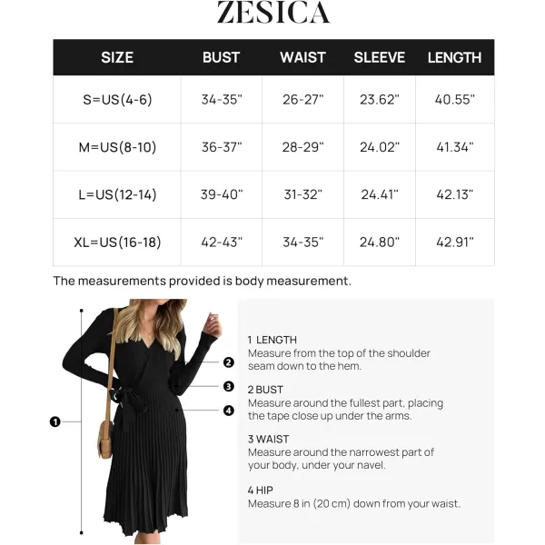 imageZESICA Womens 2023 Fall Long Sleeve Wrap V Neck Ribbed Knit Pleated A Line Pullover Sweater Dress with BeltBlack