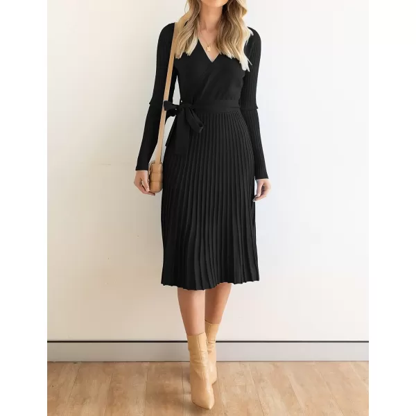 imageZESICA Womens 2023 Fall Long Sleeve Wrap V Neck Ribbed Knit Pleated A Line Pullover Sweater Dress with BeltBlack