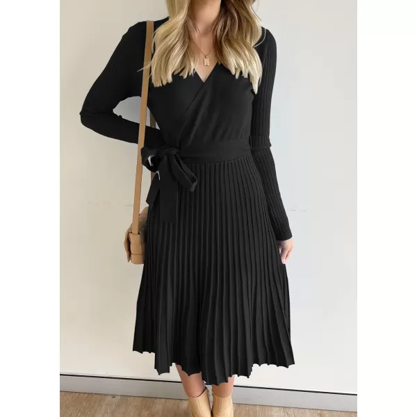 imageZESICA Womens 2023 Fall Long Sleeve Wrap V Neck Ribbed Knit Pleated A Line Pullover Sweater Dress with BeltBlack