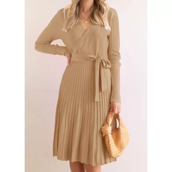 imageZESICA Womens 2023 Fall Long Sleeve Wrap V Neck Ribbed Knit Pleated A Line Pullover Sweater Dress with BeltCamel