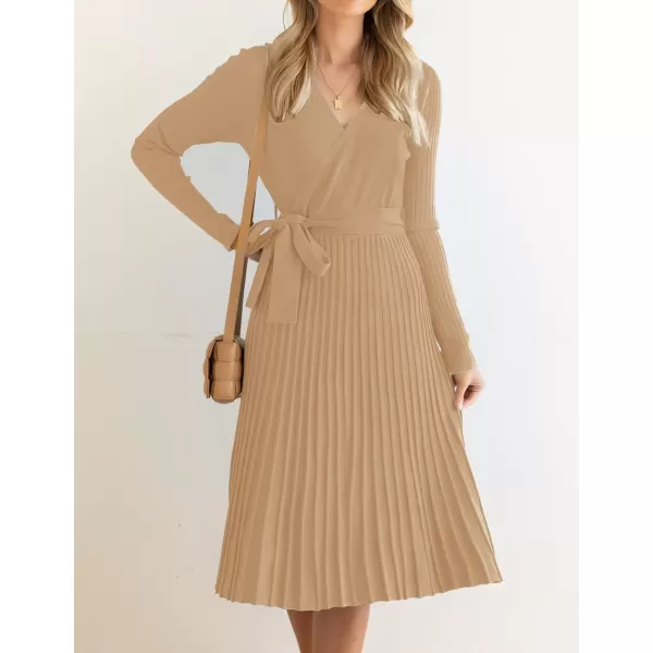 imageZESICA Womens 2023 Fall Long Sleeve Wrap V Neck Ribbed Knit Pleated A Line Pullover Sweater Dress with BeltCamel