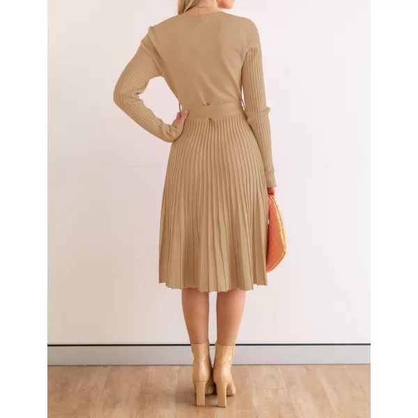 imageZESICA Womens 2023 Fall Long Sleeve Wrap V Neck Ribbed Knit Pleated A Line Pullover Sweater Dress with BeltCamel