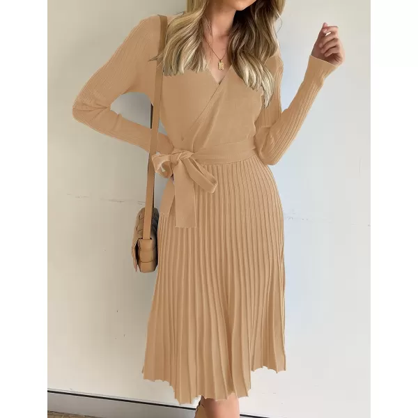 imageZESICA Womens 2023 Fall Long Sleeve Wrap V Neck Ribbed Knit Pleated A Line Pullover Sweater Dress with BeltCamel