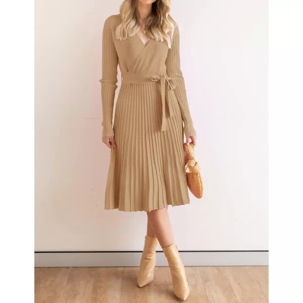imageZESICA Womens 2023 Fall Long Sleeve Wrap V Neck Ribbed Knit Pleated A Line Pullover Sweater Dress with BeltCamel