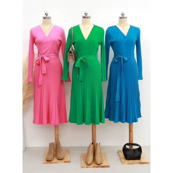 imageZESICA Womens 2023 Fall Long Sleeve Wrap V Neck Ribbed Knit Pleated A Line Pullover Sweater Dress with BeltCobaltblue